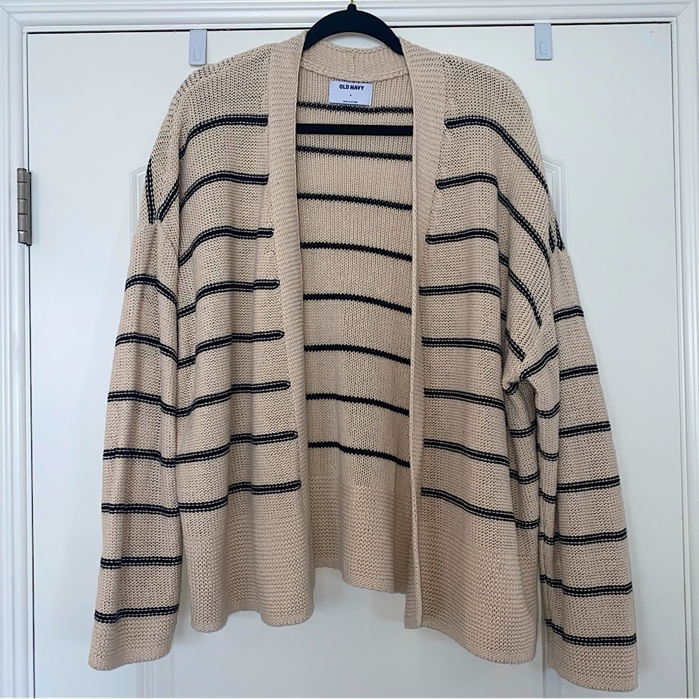 Old Navy Black and Cream Striped Open Front Cardigan Sweater
